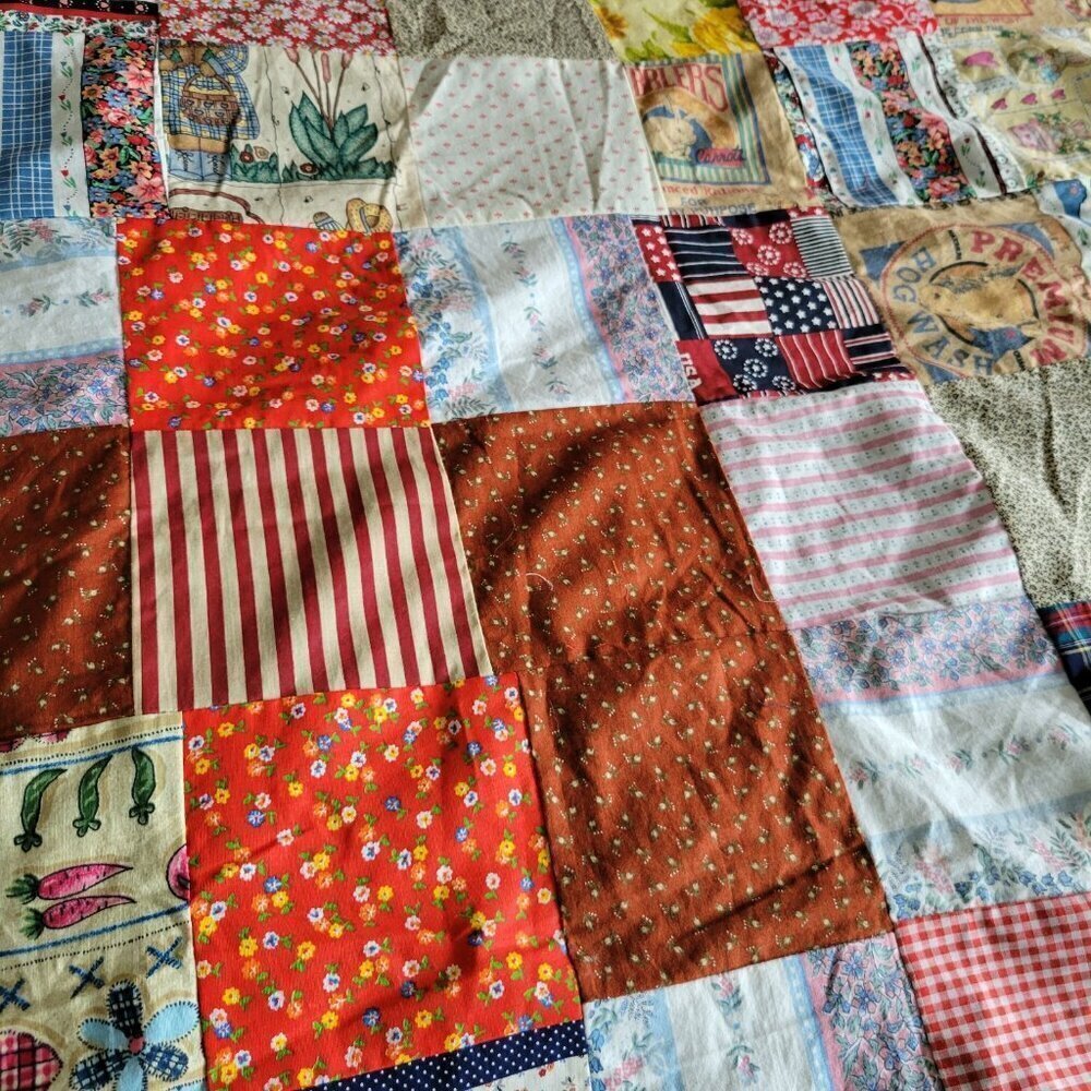 Patchwork Quilt Top 84" X 120" Unfinished Handmade Americana Flags Vintage - Picture 6 of 7